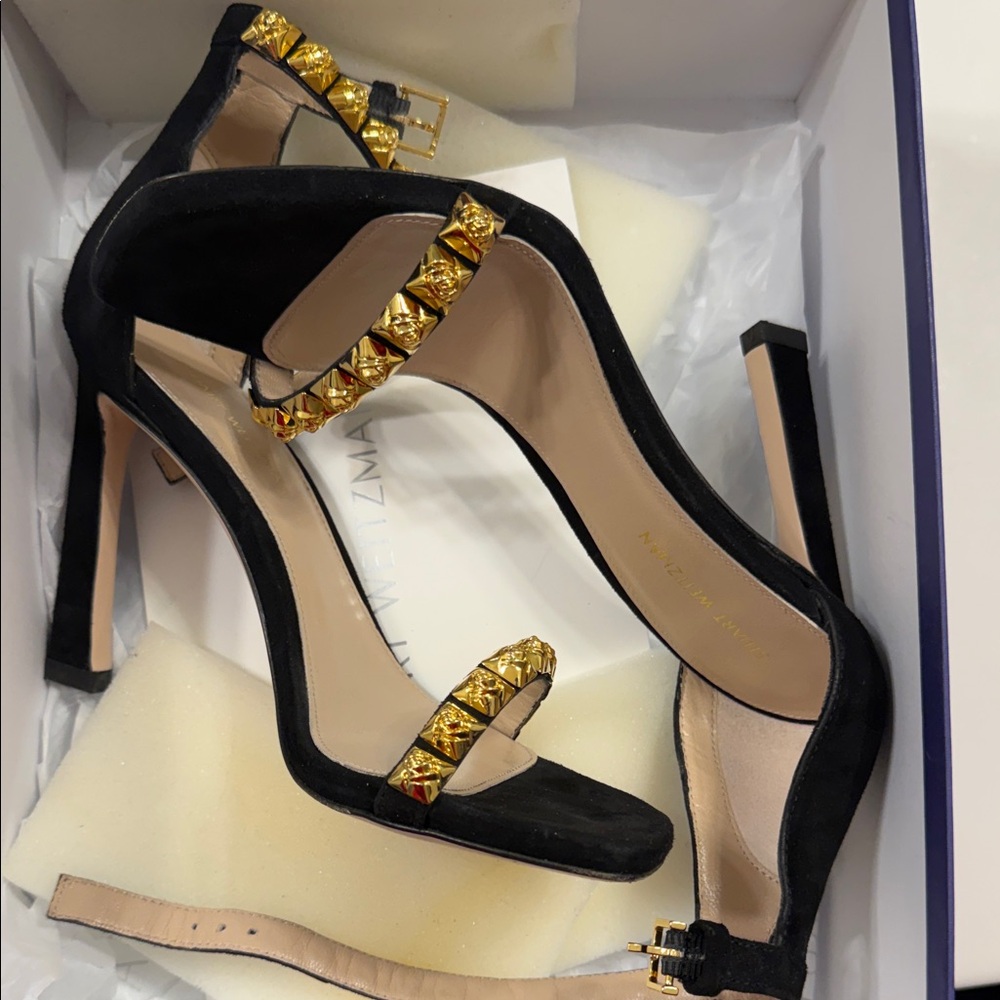 Stuart Weitzman Black Suede Stiletto Sandals with Gold Stud Straps